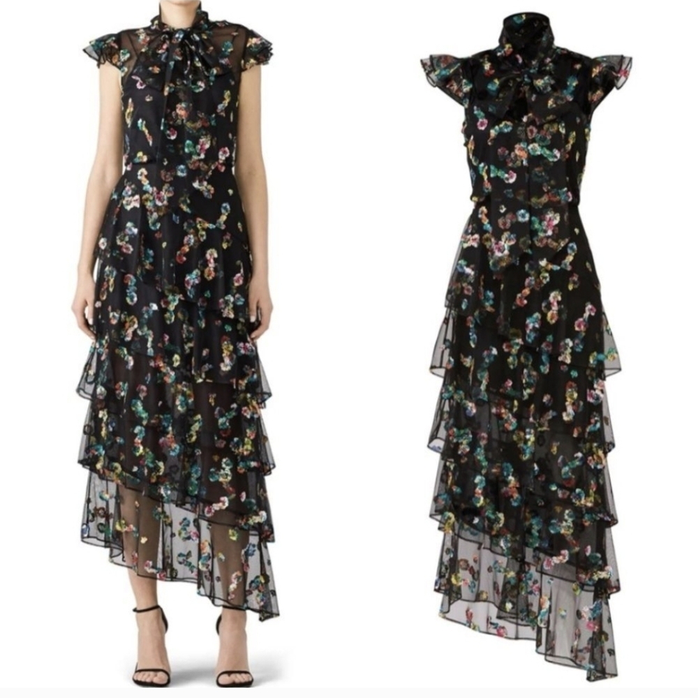 ML Monique Lhuillier Multi Floral Black Mesh Tiered Embroidered Sleeved Gown